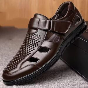 Brown Men's Genuine Leather Summer Business Casual Sandals – Perforated Slip-On Work Shoes