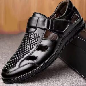 Black Men's Genuine Leather Summer Business Casual Sandals – Perforated Slip-On Work Shoes