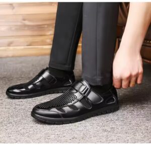 Black Men's Genuine Leather Summer Business Casual Sandals – Perforated Slip-On Work Shoes