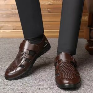 Brown Men's Genuine Leather Summer Business Casual Sandals – Perforated Slip-On Work Shoes